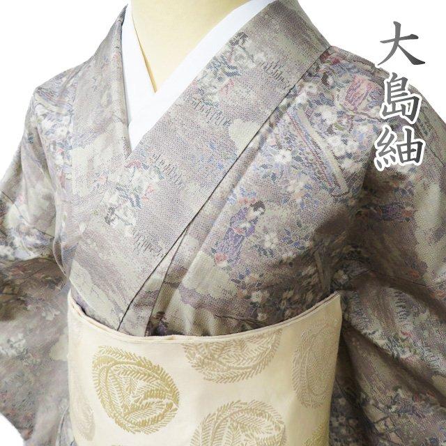 大島紬 着物 中古 正絹 袷 カジュアル 人物模様 花模様 やや薄い灰汁色 多色 身丈158cm 裄64cm M きもの北條 A1055-5 大島紬 着物 中古 正絹 袷 カジュアル 人物模様 花模様 やや薄い灰汁色