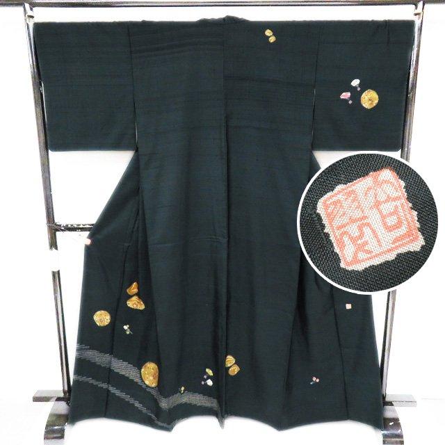 特選 紬地 着物 中古 正絹 袷 赤城紬 青柳 ラベル付き 絞り染め 草木染 深緑色 多色 身丈164.5cm 裄69cm L ワイド きもの北條 A1057-10 特選 紬地 着物 中古 正絹 袷 赤城紬 青柳 ラベル付き 絞り染め 草木染