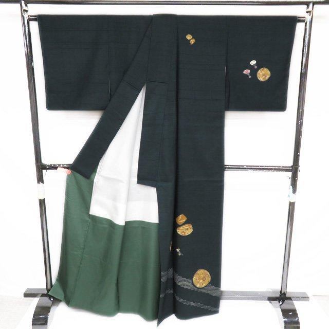 特選 紬地 着物 中古 正絹 袷 赤城紬 青柳 ラベル付き 絞り染め 草木染 