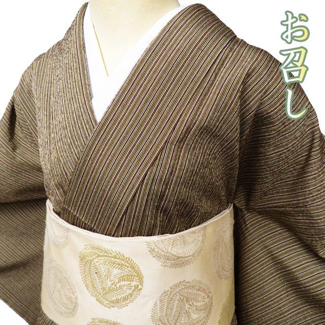 紬 お召し 御召 着物 中古 正絹 袷 カジュアル 縦縞模様 茶系色