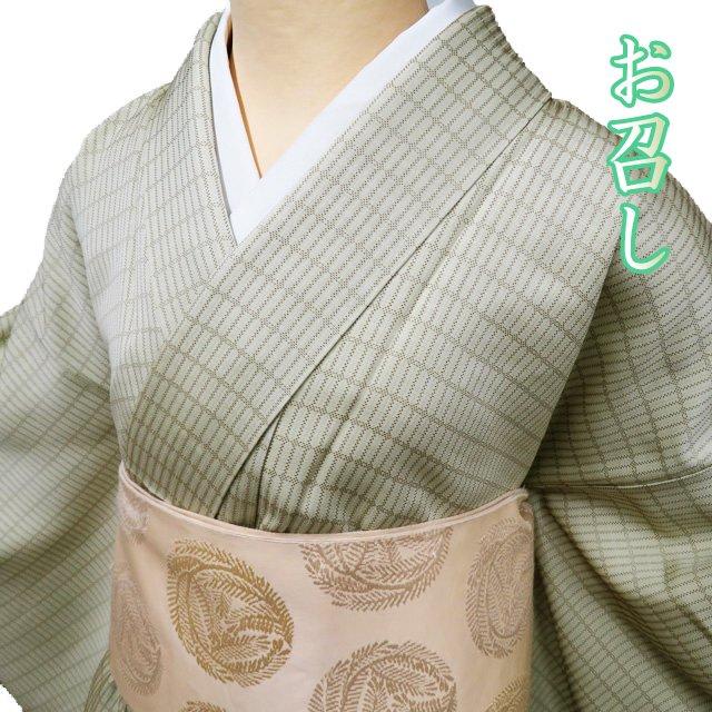 お召し 御召 着物 中古 正絹 袷 カジュアル 薄柳色 多色 身丈157cm 裄