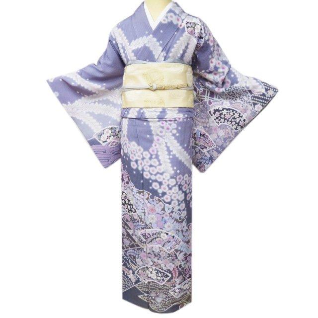 特選 訪問着 着物 中古 正絹 袷 フォーマル 辻が花模様 扇面 紫系色 多 