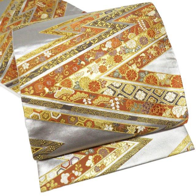 袋帯 中古 リサイクル 正絹 フォーマル 仕立て上がり 六通 本金摺箔 松皮菱 花模様 多色 金銀 きもの北條 A1062-14 袋帯 中古 リサイクル 正絹 フォーマル 仕立て上がり 六通 本金摺箔 松