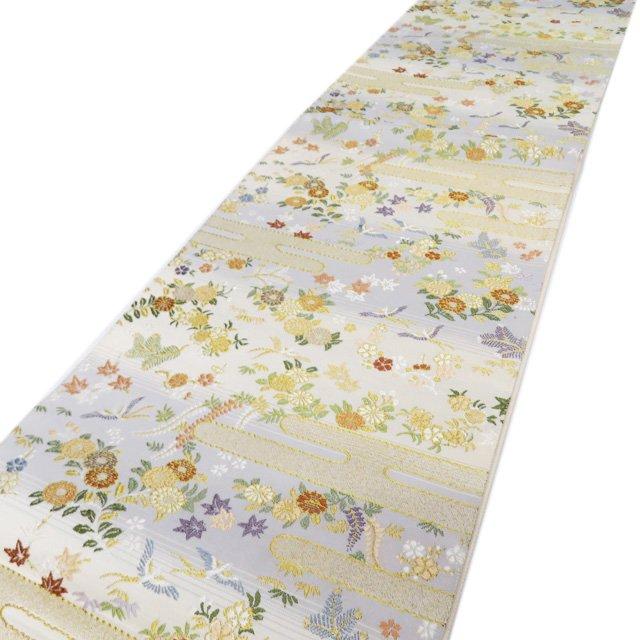 袋帯 中古 リサイクル 正絹 フォーマル 仕立て上がり 六通 ヱ霞に花模様 花鳥模様 灰白色 薄い青色 多色 金 きもの北條 A1063-10 袋帯 中古 リサイクル 正絹 フォーマル 仕立て上がり 六通 ヱ霞に花
