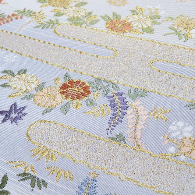 袋帯 中古 リサイクル 正絹 フォーマル 仕立て上がり 六通 ヱ霞に花模様 花鳥模様 灰白色 薄い青色 多色 金 きもの北條 A1063-10 袋帯 中古 リサイクル 正絹 フォーマル 仕立て上がり 六通 ヱ霞に花