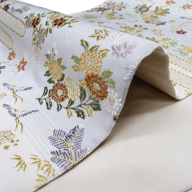 袋帯 中古 リサイクル 正絹 フォーマル 仕立て上がり 六通 ヱ霞に花模様 花鳥模様 灰白色 薄い青色 多色 金 きもの北條 A1063-10 袋帯 中古 リサイクル 正絹 フォーマル 仕立て上がり 六通 ヱ霞に花