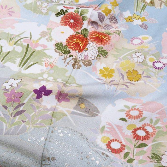 訪問着 着物 中古 正絹 袷 フォーマル 金駒刺繍 雪輪に花の図 霞