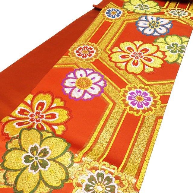 袋帯 振袖用 中古 リサイクル 正絹 フォーマル 仕立て上がり 六通 花模様 桜 亀甲 箔糸 丹色 多色 金 きもの北條 A1064-11 袋帯 振袖用 中古 リサイクル 正絹 フォーマル 仕立て上がり 六通 花