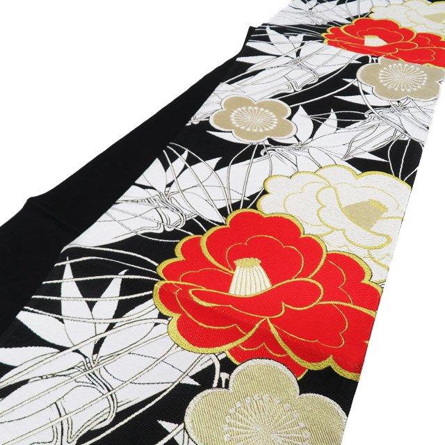 袋帯 振袖用 中古 リサイクル 正絹 フォーマル 仕立て上がり 六通 花模様 椿 梅 竹 箔糸 黒色 赤色 白色 金 きもの北條 A1064-14 袋帯 振袖用 中古 リサイクル 正絹 フォーマル 仕立て上がり 六通 花