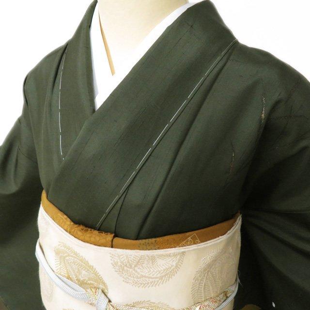 紬 着物 訪問着 未使用 正絹 袷 白根澤 絞り 兎の図 反端付き 老緑色 
