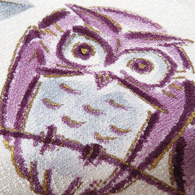 袋帯 中古 リサイクル 正絹 カジュアル 仕立て上がり お太鼓柄 フクロウの図 反端付き 葡萄鼠色 薄黄蘗色 きもの北條 A1065-5 袋帯 中古 リサイクル 正絹 カジュアル 仕立て上がり お太鼓柄