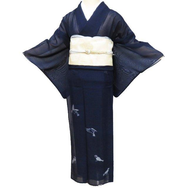 夏物 紬 着物 中古 正絹 絽 セミフォーマル 鳥の図 雀 スズメ 濃紺色 身丈158cm 裄65cm M きもの北條 A1068-11 夏物 紬 着物 中古 正絹 絽 セミフォーマル 鳥の図 雀 スズメ 濃紺色