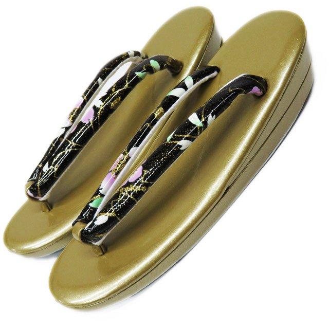 バッグ 草履 ２点セット 和装小物 新品 箱付き 24ｃｍ Lサイズ 花模様 黒色 金色 きもの北條 A1071-5 バッグ 草履 2点セット 和装小物 新品 箱付き 24cm Lサイズ 花模様