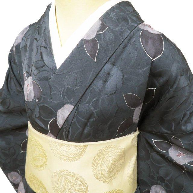 小紋 着物 中古 正絹 袷 カジュアル 花模様 地模様 椿 濃い鉛色 多色  