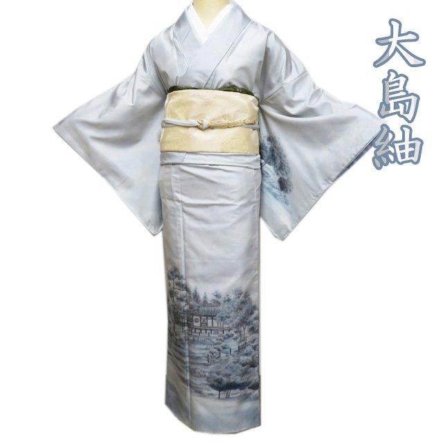 大島紬 着物 中古 正絹 袷 セミフォーマル 作家物 落款 風景 秋條寺 