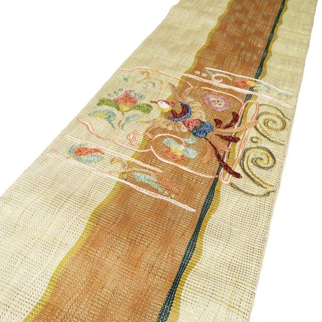 袋帯 中古 リサイクル 正絹 カジュアル 仕立て上がり お太鼓柄 刺繍 花鳥模様 蒸栗色 薄茶色 多色 金 きもの北條 A1073-11 袋帯 中古 リサイクル 正絹 カジュアル 仕立て上がり お太鼓柄 刺繍