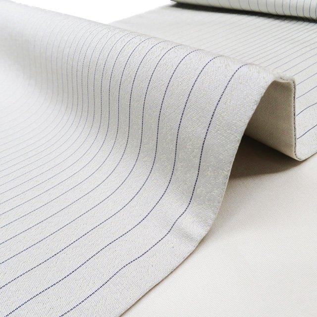 袋帯 未使用 正絹 カジュアル 仕立て上がり 全通 縞模様 白鼠色 紺色  