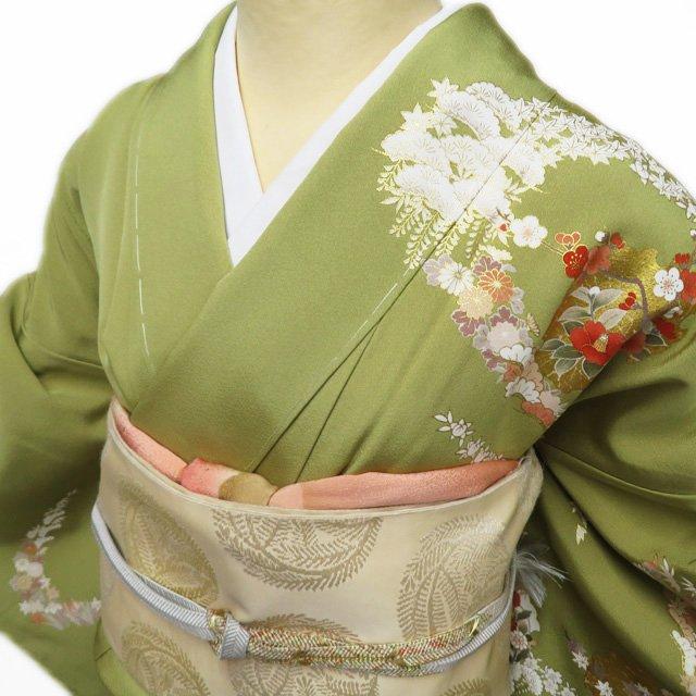 特選 訪問着 着物 未使用 袷 作家物 本加工 金駒刺繍 雪輪に花模様 抹茶色 多色 金 身丈168cm 裄68.5cm L トール きもの北條 A1073-5 特選 訪問着 着物 未使用 袷 作家物 本加工 金駒刺繍 雪輪に花模様