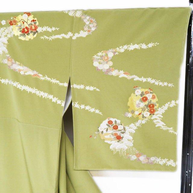 特選 訪問着 着物 未使用 袷 作家物 本加工 金駒刺繍 雪輪に花模様 抹茶色 多色 金 身丈168cm 裄68.5cm L トール きもの北條 A1073-5 特選 訪問着 着物 未使用 袷 作家物 本加工 金駒刺繍 雪輪に花模様