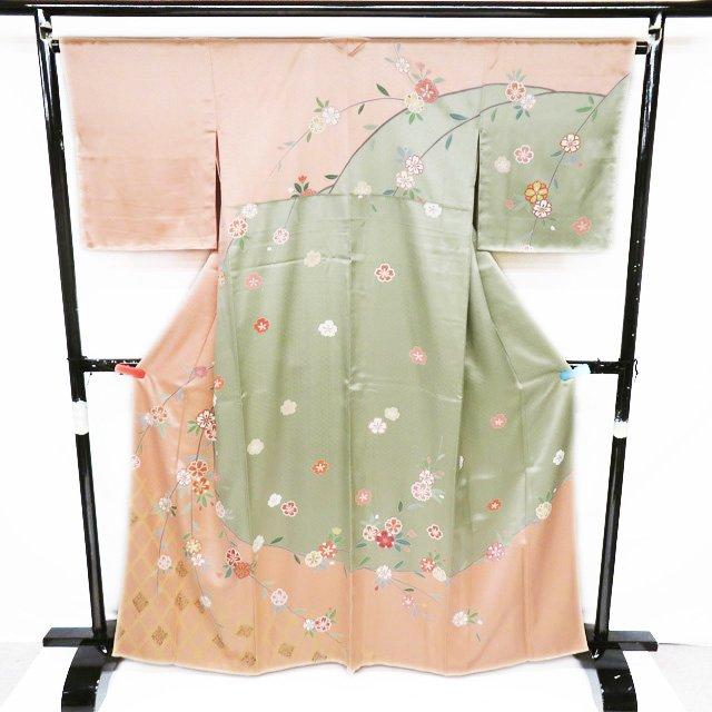 訪問着 着物 中古 正絹 袷 フォーマル 地模様 花模様 桜 赤香色 裏葉 