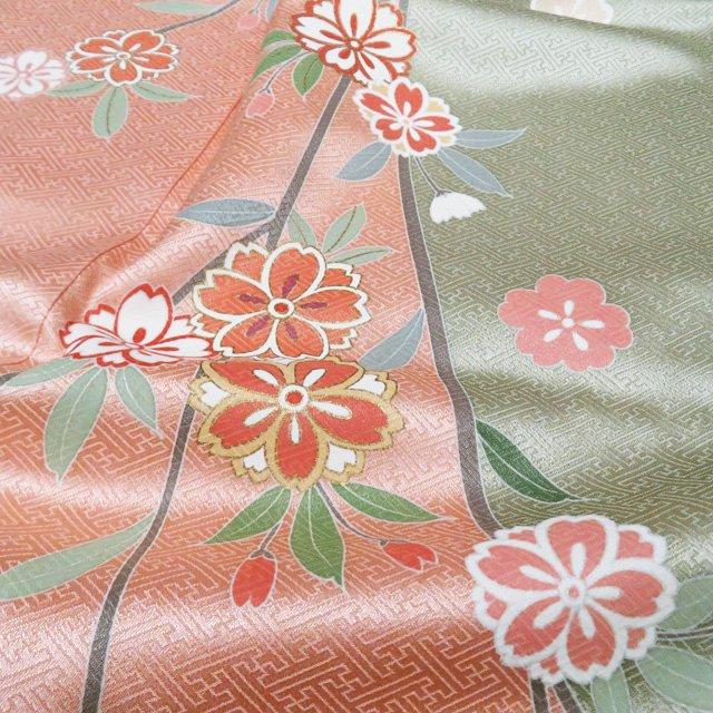 訪問着 着物 中古 正絹 袷 フォーマル 地模様 花模様 桜 赤香色 裏葉 