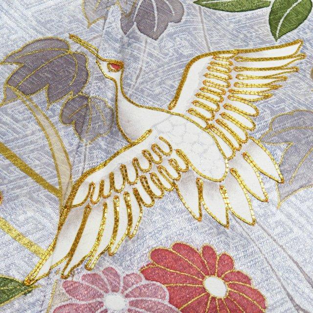 訪問着 着物 中古 正絹 袷 フォーマル 金駒刺繍 花鳥模様 鶴 地