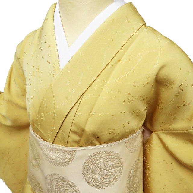 7522］色無地 美品 縮緬 一つ紋 五三桐 正絹 着物 袷 色