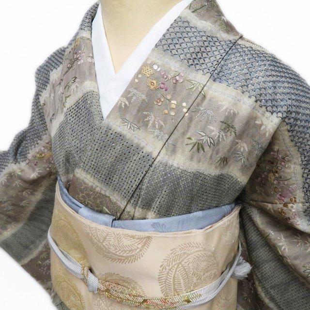 特選 訪問着 着物 中古 袷 フォーマル 汕頭刺繍 スワトウ 松竹梅 金 