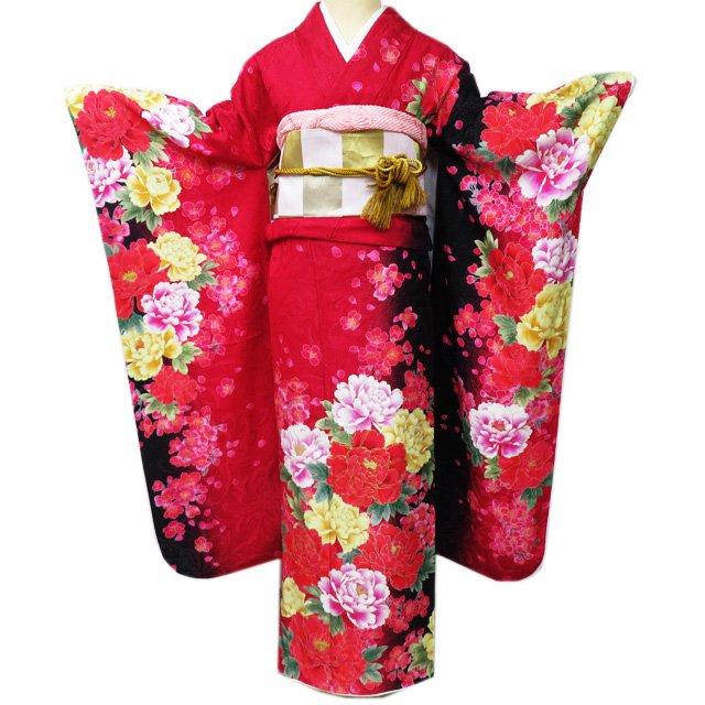 振袖 襦袢 2点 セット 着物 中古 花模様 牡丹 桜 地模様 銀通し 赤色 黒色 多色 身丈171cm 裄69cm L トール きもの北條 A1076-1 振袖 襦袢 2点 セット 着物 中古 花模様 牡丹 桜 地模様 銀通し 赤色