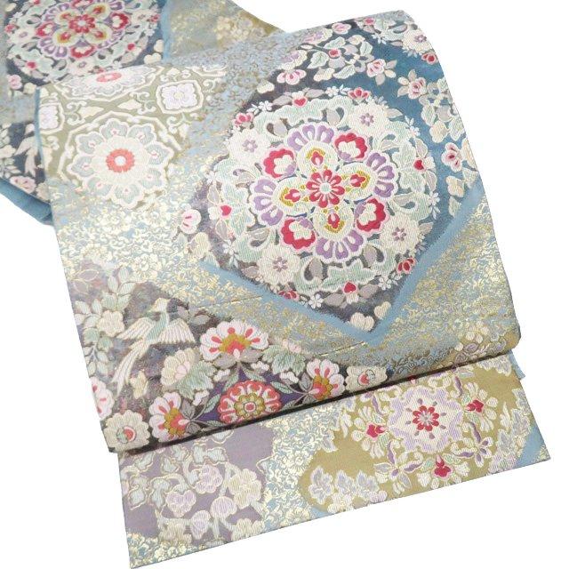 袋帯 中古 リサイクル 正絹 フォーマル 仕立て上がり 六通 花鳥模様 華文 花紋 水浅葱色 多色 金 きもの北條 A1076-10 袋帯 中古 リサイクル 正絹 フォーマル 仕立て上がり 六通 花鳥模様