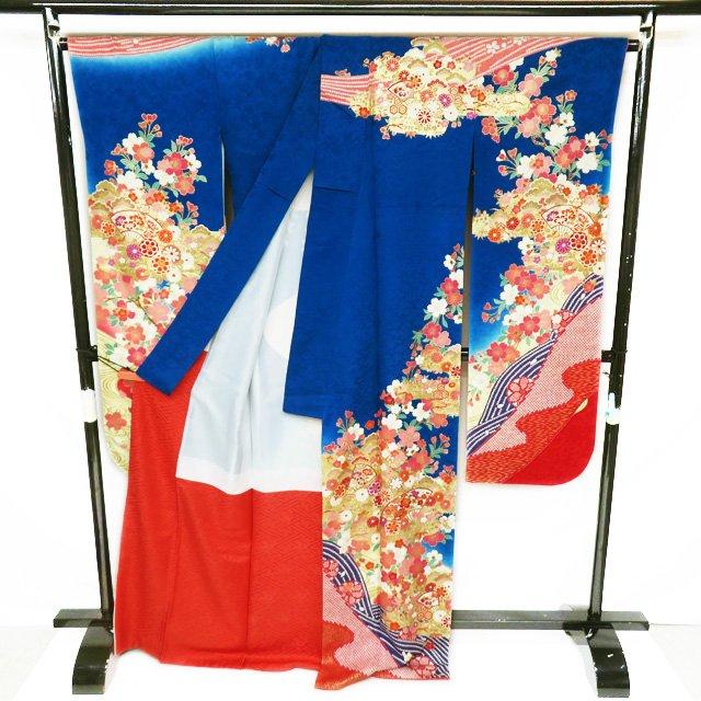 振袖 襦袢 袋帯 3点 セット 着物 中古 正絹 フォーマル 花模様 青色 多色 金 身丈171.5cm 裄69cm L トール きもの北條 A1078-2 振袖 襦袢 袋帯 3点 セット 着物 中古 正絹 フォーマル 花模様 青色 多
