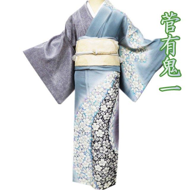 訪問着 着物 中古 正絹 袷 フォーマル 菅有鬼一 桜の図 銀通し 鼠色  