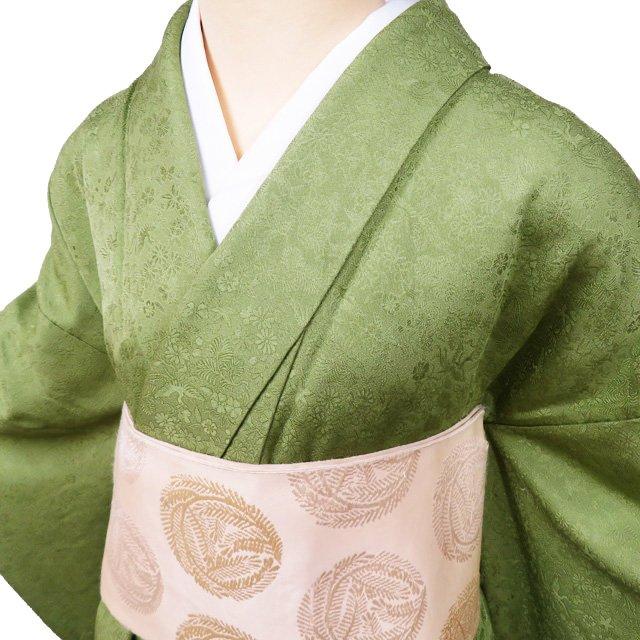 色無地 着物 中古 正絹 袷 フォーマル 紋付き 地模様 花鳥模様 黄浅 