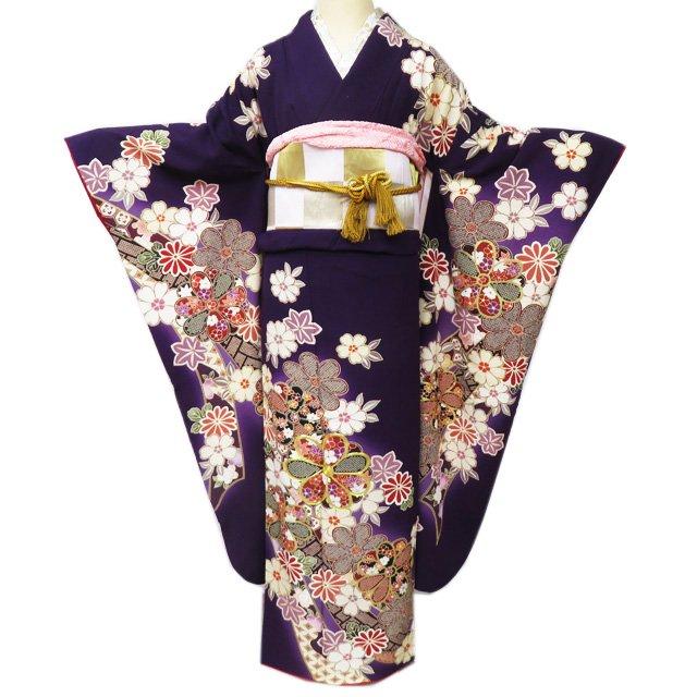 振袖 襦袢 2点 セット 着物 中古 正絹 金駒刺繍 花模様 紫紺色 多色 