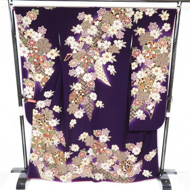振袖 襦袢 2点 セット 着物 中古 正絹 金駒刺繍 花模様 紫紺色 多色 