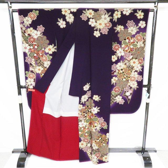 振袖 襦袢 2点 セット 着物 中古 正絹 金駒刺繍 花模様 紫紺色 多色 