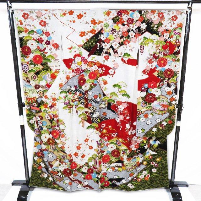 振袖 襦袢 2点 セット 着物 中古 正絹 金駒刺繍 花模様 地模様 白色 多 