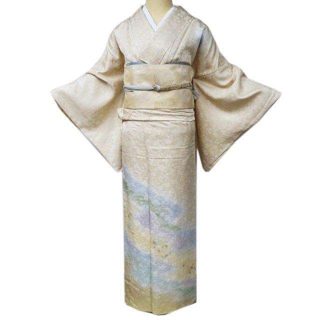付下げ 付け下げ 訪問着 着物 中古 袷 地模様 クローバー柄 反端付き 