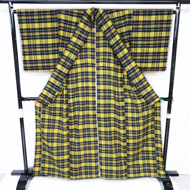 〖極美品〗 会津木綿 着物 単衣 黒×ベージュ 格子 チェック 極美品〗 会津木綿 着物 単衣 黒×ベージュ 格子 チェック