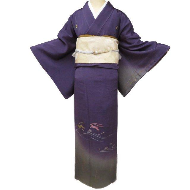 付下げ 付け下げ 訪問着 着物 未使用 袷 縮緬地 落款 刺繍 波に兎の図 葡萄色 多色 身丈167.5cm 裄70cm L トール きもの北條 A1092-4 付下げ 付け下げ 訪問着 着物 未使用 袷 縮緬地 落款 刺繍 波に兎の図