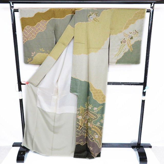 特選 訪問着 着物 中古 袷 桐屋 翠山工房 辻が花 絞り 地模様 金通し