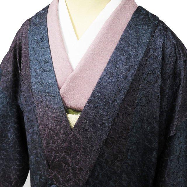 コート 道中着 着物 総刺繍　中古 正絹 地模様 葉っぱ模様 紫鼠系色 紺鼠系色 身丈114cm 裄65cm きもの北條 A1097-13 コート 道中着 着物 総刺繍 中古 正絹 地模様 葉っぱ模様 紫鼠系色 紺