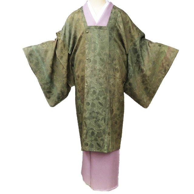 道行コート コート 着物 正絹 中古 地模様 花模様 黄海松茶色 海松茶色 身丈103.5cm 裄69cm きもの北條 A1097-7 道行コート コート 着物 正絹 中古 地模様 花模様 黄海松茶色 海松茶色