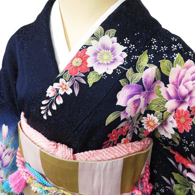 振袖 着物 中古 正絹 花模様 銀通し 濃紺色 水色 多色 身丈168cm 裄 