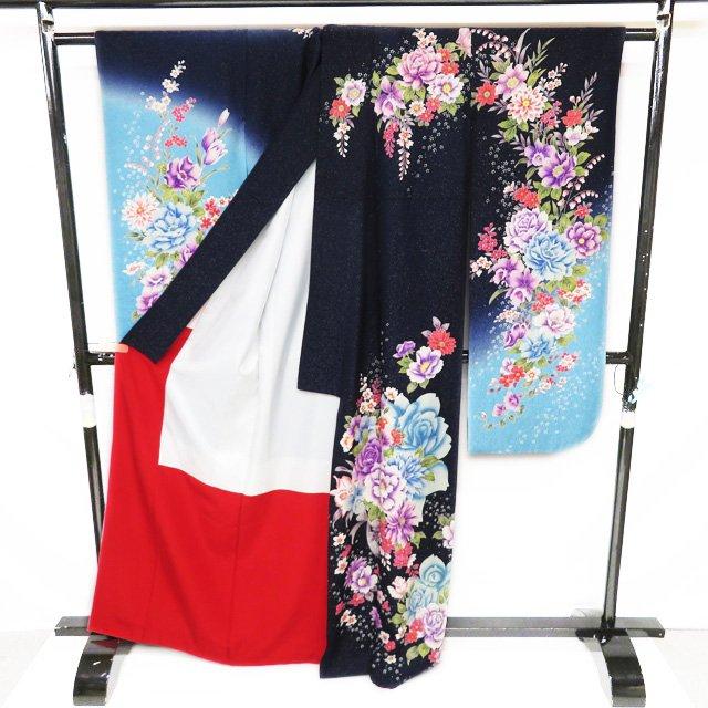 振袖 着物 中古 正絹 花模様 銀通し 濃紺色 水色 多色 身丈168cm 裄