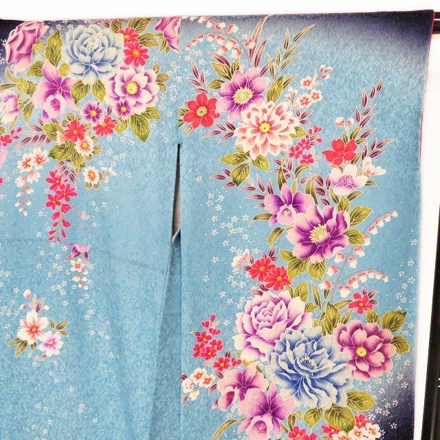 振袖 着物 中古 正絹 花模様 銀通し 濃紺色 水色 多色 身丈168cm 裄 