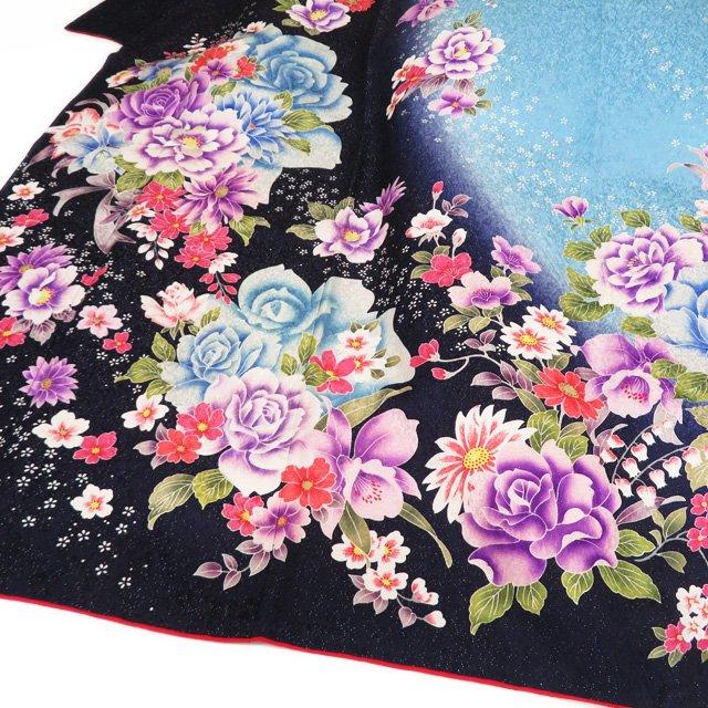 振袖 着物 中古 正絹 花模様 銀通し 濃紺色 水色 多色 身丈168cm 裄