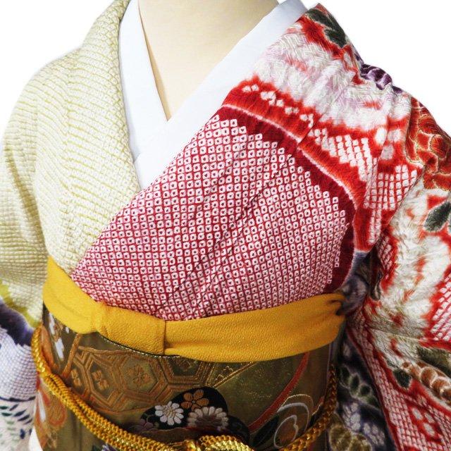 振袖 襦袢 袋帯 3点 セット 着物 中古 正絹 花模様 絞り 地模様 乳白色 多色 金 身丈171.5cm 裄67cm L トール きもの北條 A1098-8の画像