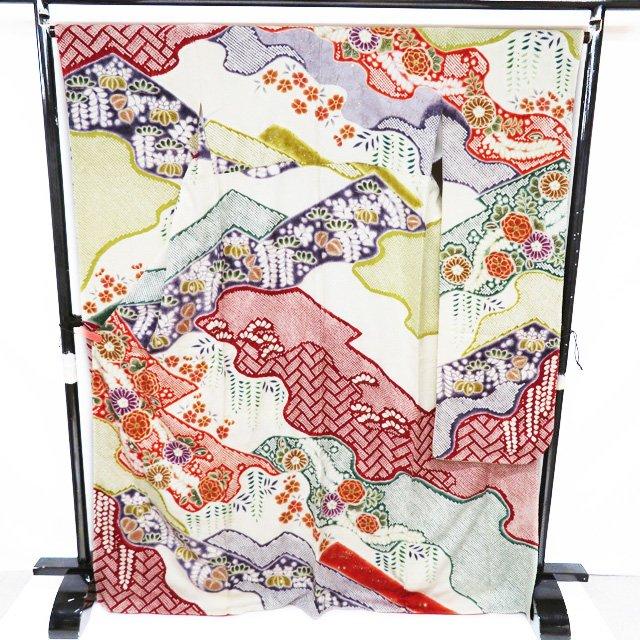振袖 襦袢 袋帯 3点 セット 着物 中古 正絹 花模様 絞り 地模様 乳白色 多色 金 身丈171.5cm 裄67cm L トール きもの北條 A1098-8の画像