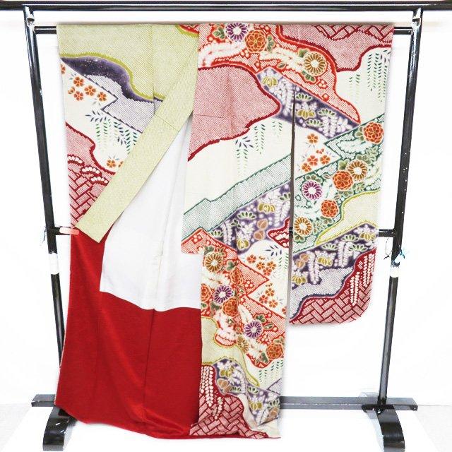 振袖 襦袢 袋帯 3点 セット 着物 中古 正絹 花模様 絞り 地模様 乳白色 多色 金 身丈171.5cm 裄67cm L トール きもの北條 A1098-8の画像